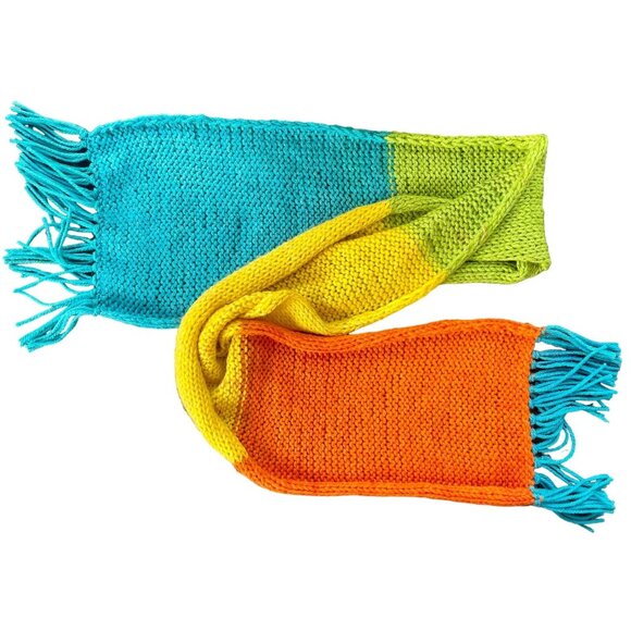 Handmade Knit Scarf with Tassels Details in Green Yellow Orange and Blue hand ma - Picture 3 of 9